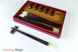 Set of 6 pairs of round rosewood chopsticks with snail head of chopstick, silver border with chopstick holders